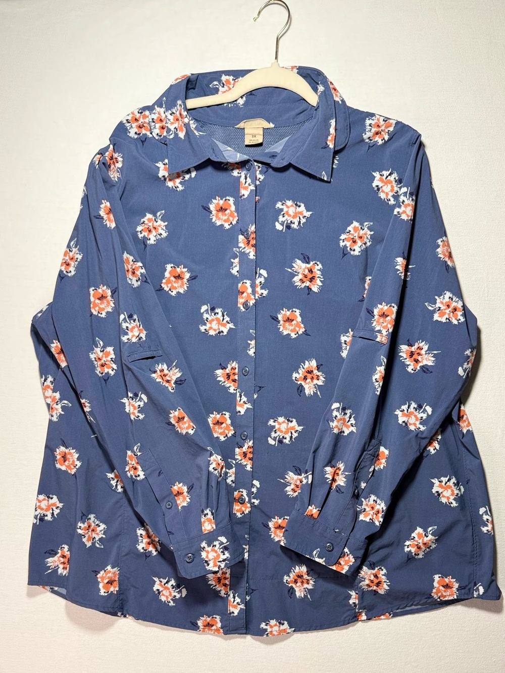 Duluth Trading Co Blue Button-Down Shirt with Orange Floral Print